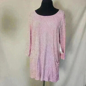 Chico's XLP‎ White & Red Diagonal Stripes Long Sleeve Top Front Pocket Detail